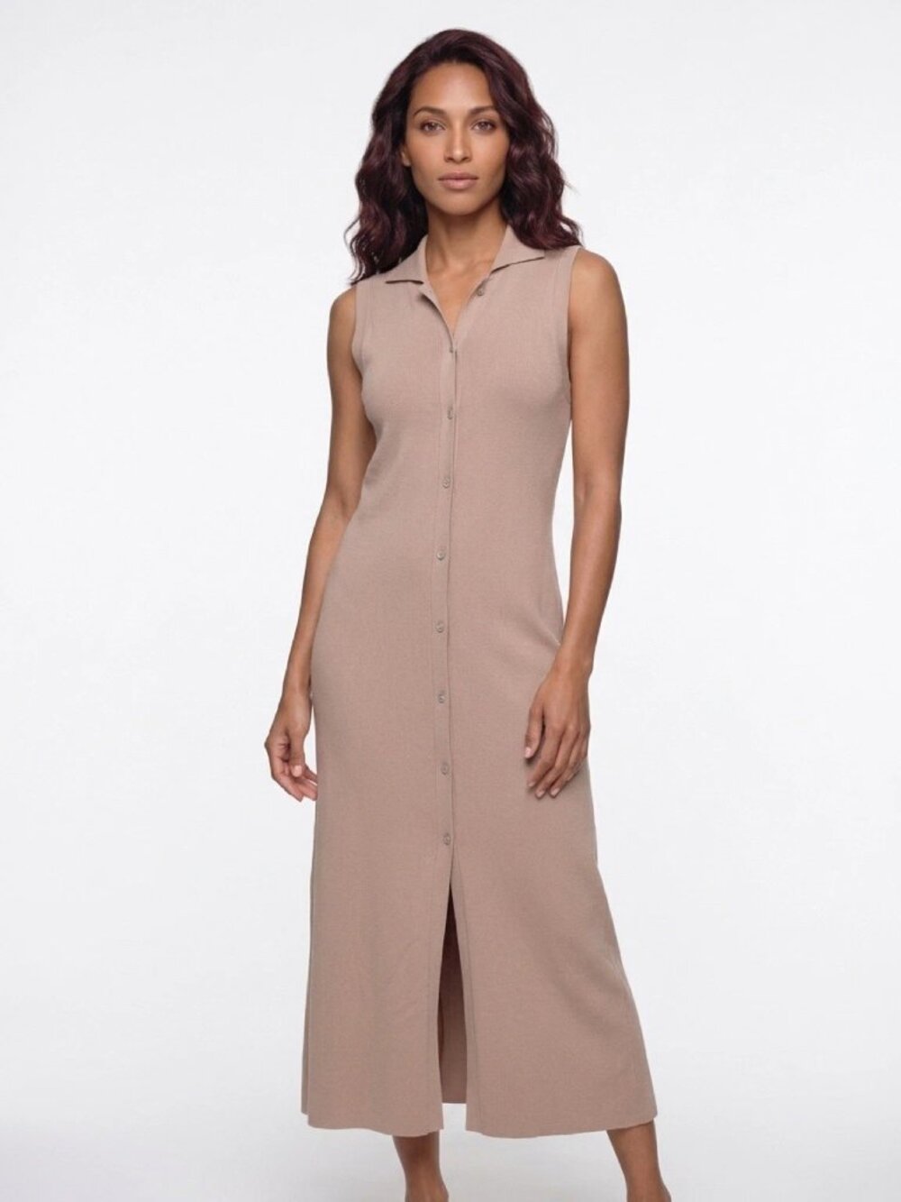 ZARA Taupe Button Up Sleeveless Knit Midi Dress Sz S
